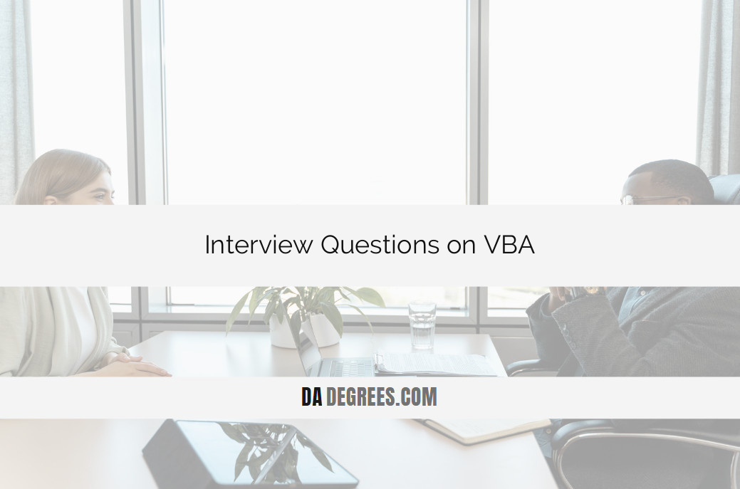 Unlock the power of VBA with our expert guide to Interview Questions. Master the intricacies of Visual Basic for Applications with tailored questions covering automation, macros, and data manipulation. Click now to enhance your readiness for VBA interviews, gaining insights that set you apart in the competitive field of data analysis and programming. Whether you're a seasoned developer or entering the world of VBA, ace your interview with confidence and position yourself as a proficient VBA professional. Click to excel in your VBA interview and advance your career in programming excellence!